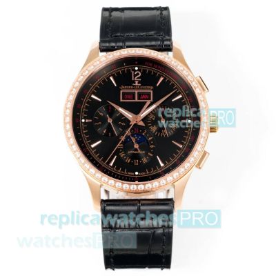 Swiss Replica V2 Jaeger-LeCoultre Master Rose Gold Diamond Watch with Black Dial 